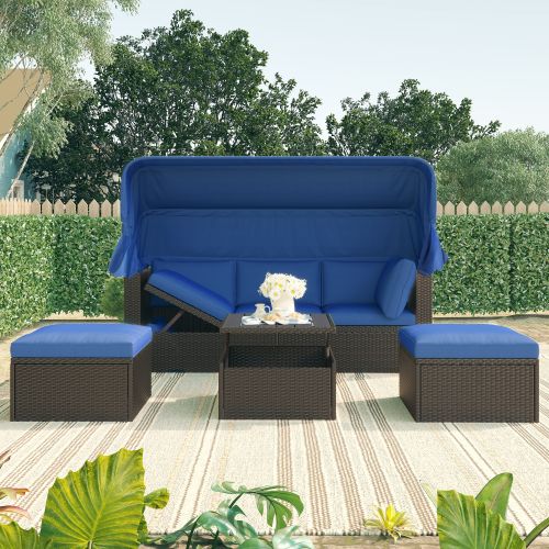 Outdoor Patio Rectangle Daybed with Retractable Canopy, Wicker Furniture Sectional Seating with Washable Cushions, Backyard, Porch Outdoor Patio Rectangle Daybed with Retractable Canopy, Wicker Furniture Sectional Seating with Washable Cushions, Backyard, Porch