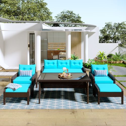 6-Piece Outdoor Patio PE Wicker Rattan Sofa Set Dining Table Set with Removable Cushions and Tempered Glass Tea Table for Backyard; Poolside; Deck 6-Piece Outdoor Patio PE Wicker Rattan Sofa Set Dining Table Set with Removable Cushions and Tempered Glass Tea Table for Backyard; Poolside; Deck