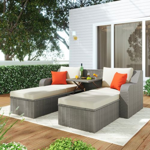 Patio Furniture Sets, 3-Piece Patio Wicker Sofa with Cushions, Pillows, Ottomans and Lift Top Coffee Table Patio Furniture Sets, 3-Piece Patio Wicker Sofa with Cushions, Pillows, Ottomans and Lift Top Coffee Table